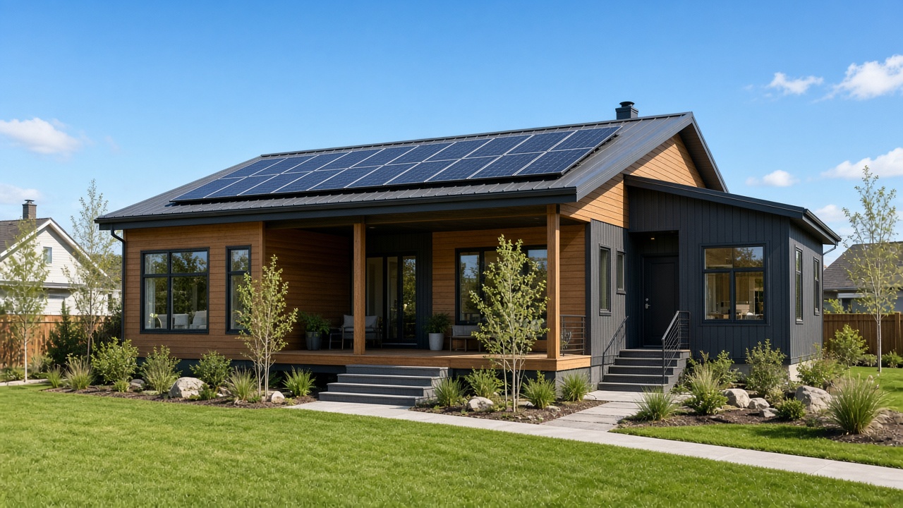 Prefab eco family house with solar roof and cedar cladding