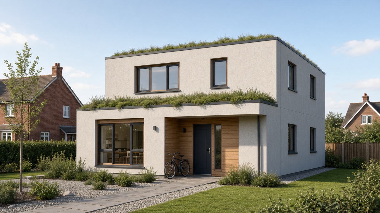 Two-storey insulated prefab eco house with pale render and planted roof