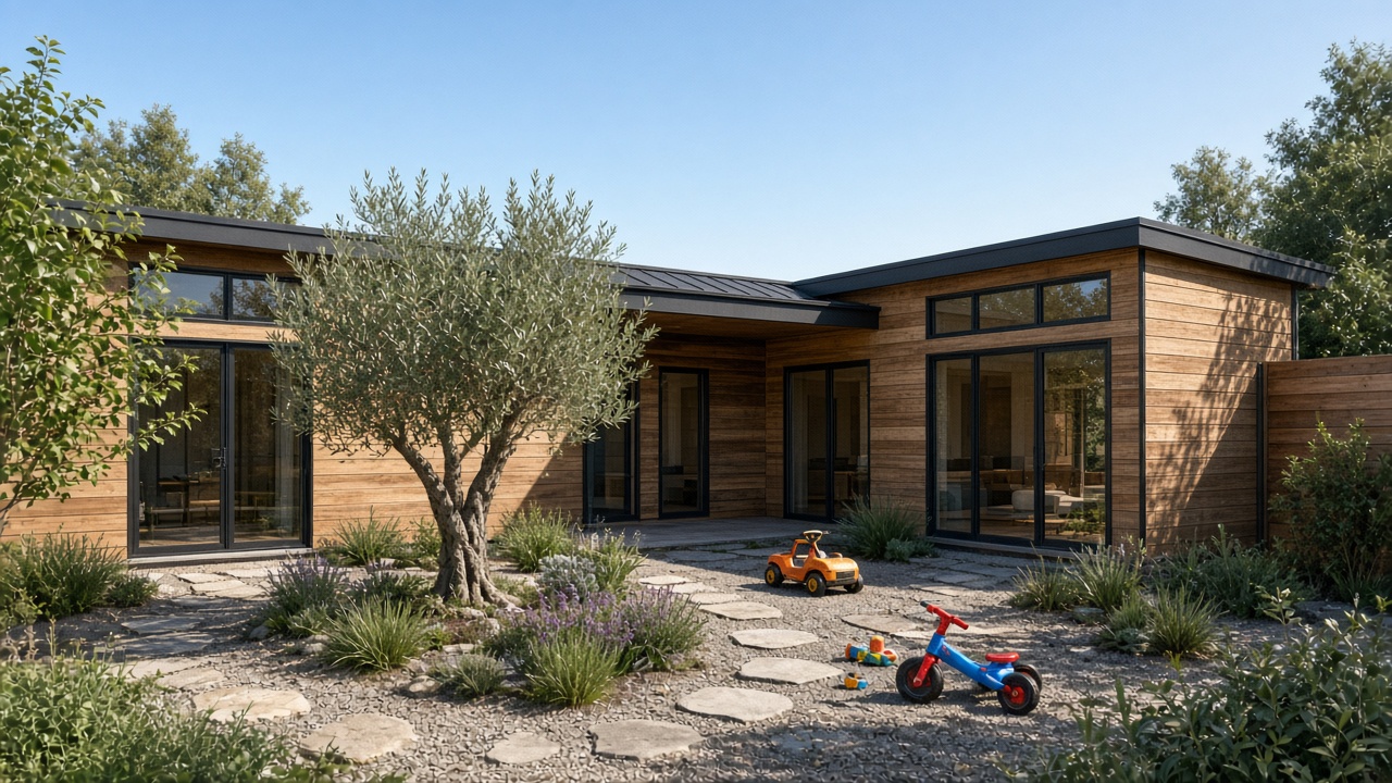 L-shaped prefab eco house wrapped around a courtyard garden