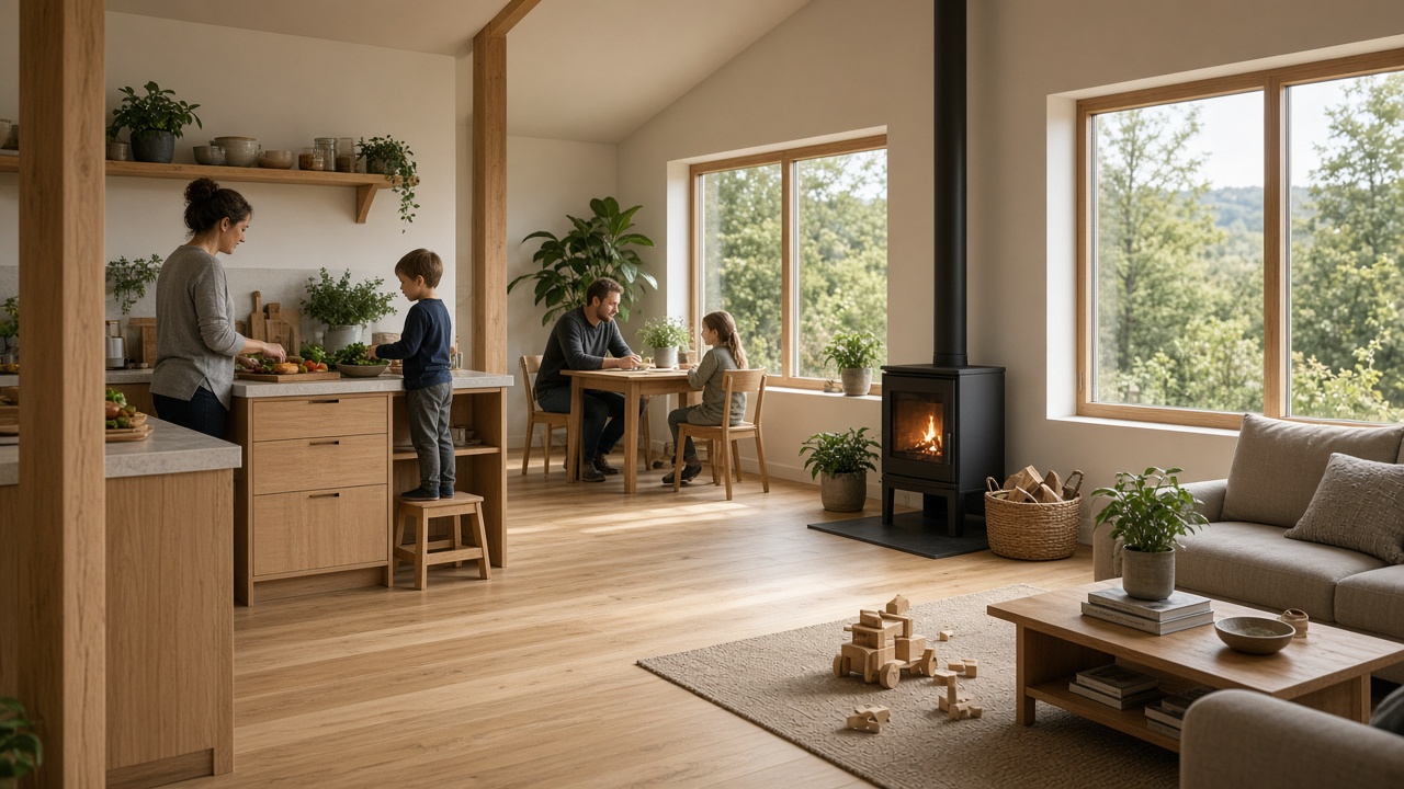 Family in open-plan kitchen living of a prefab eco house