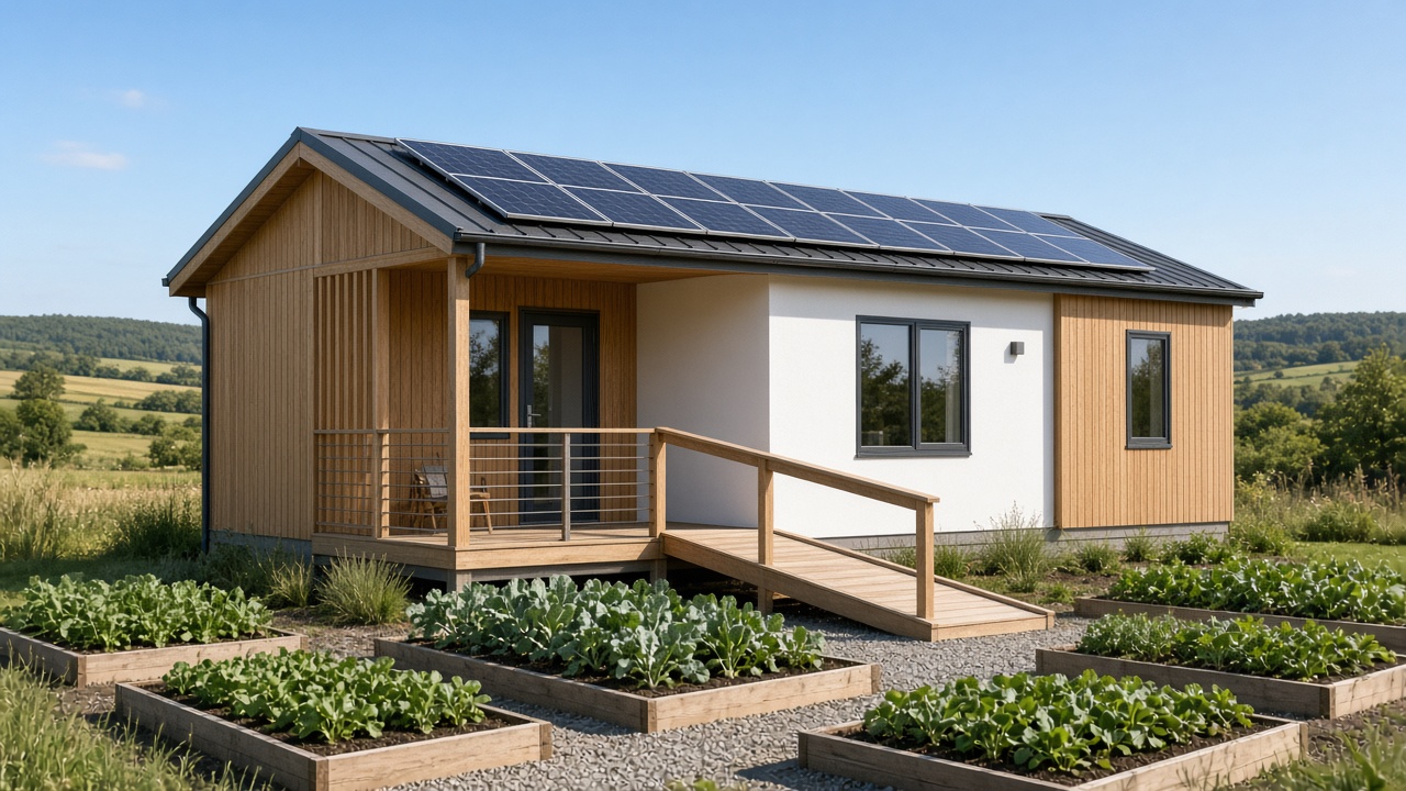 Single-storey prefab eco bungalow with solar and vegetable beds