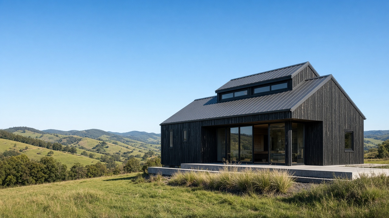 Black charred-timber prefab eco house on a rural hillside