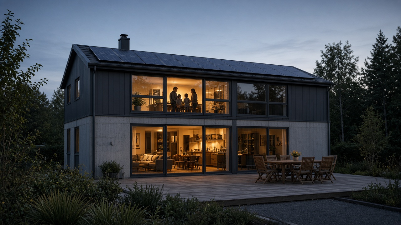 Two-storey prefab eco house at evening with solar roof and deck dining