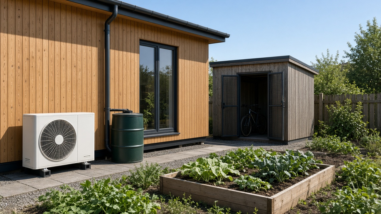 Heat pump rainwater butt and bike shed beside a prefab eco house