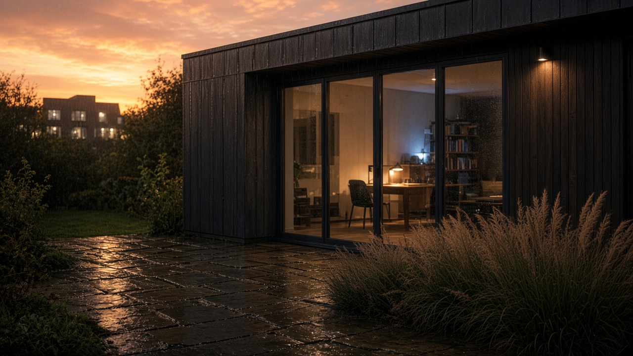 Garden office at golden hour with black timber and corner glass