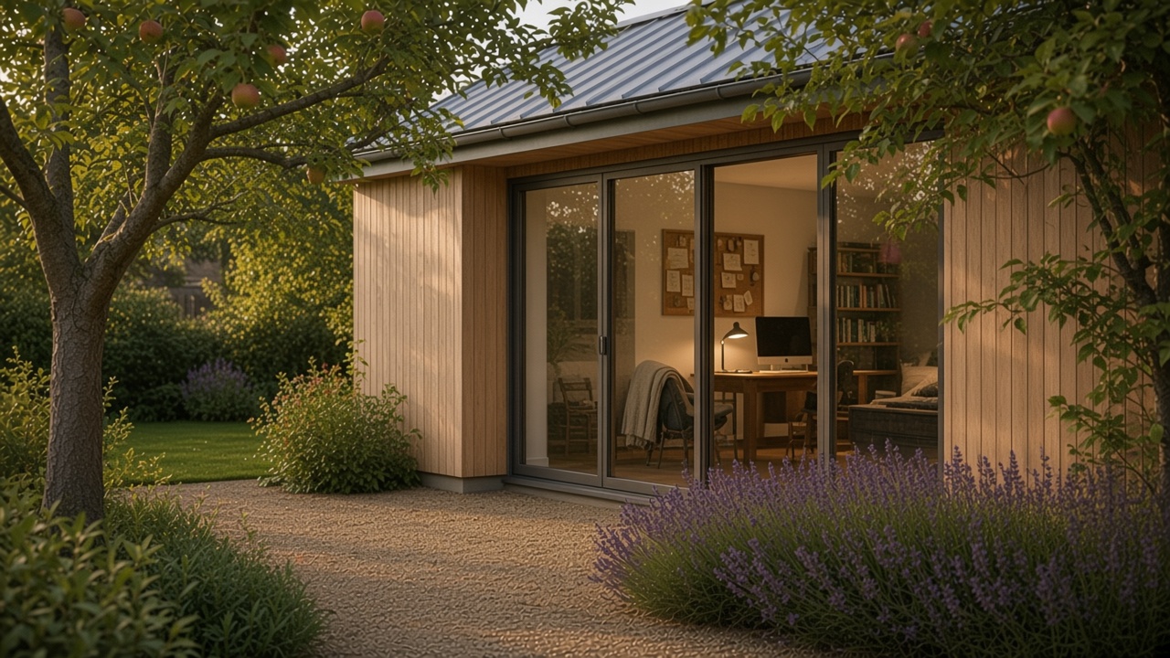 Small mono-pitch ash garden office pod on a clear day