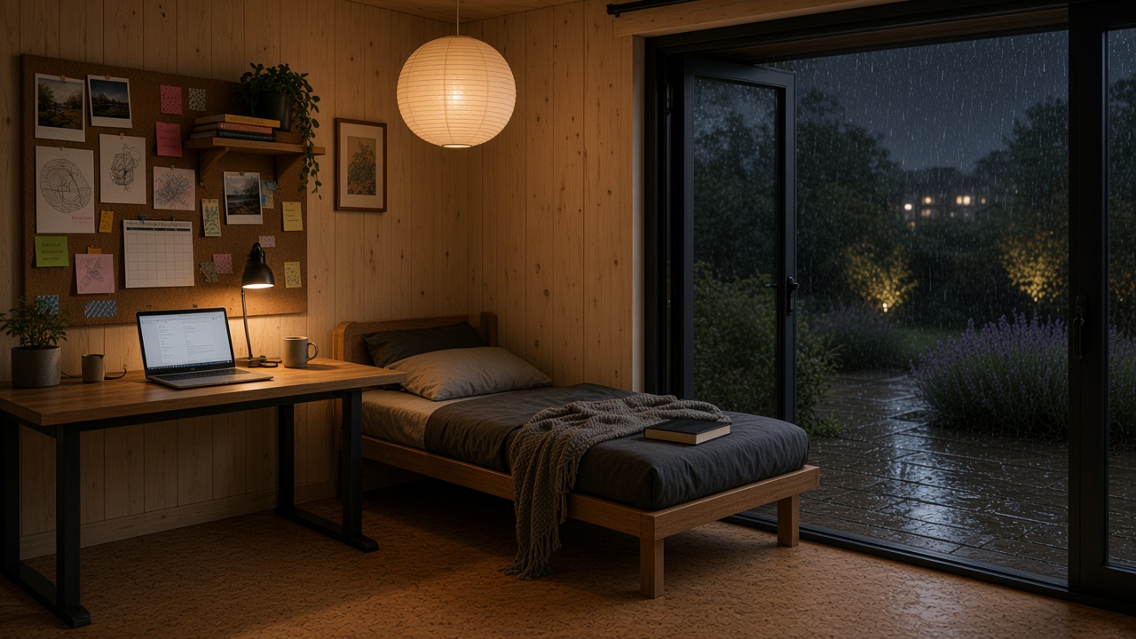 Garden office with daybed and standing desk on a rainy day