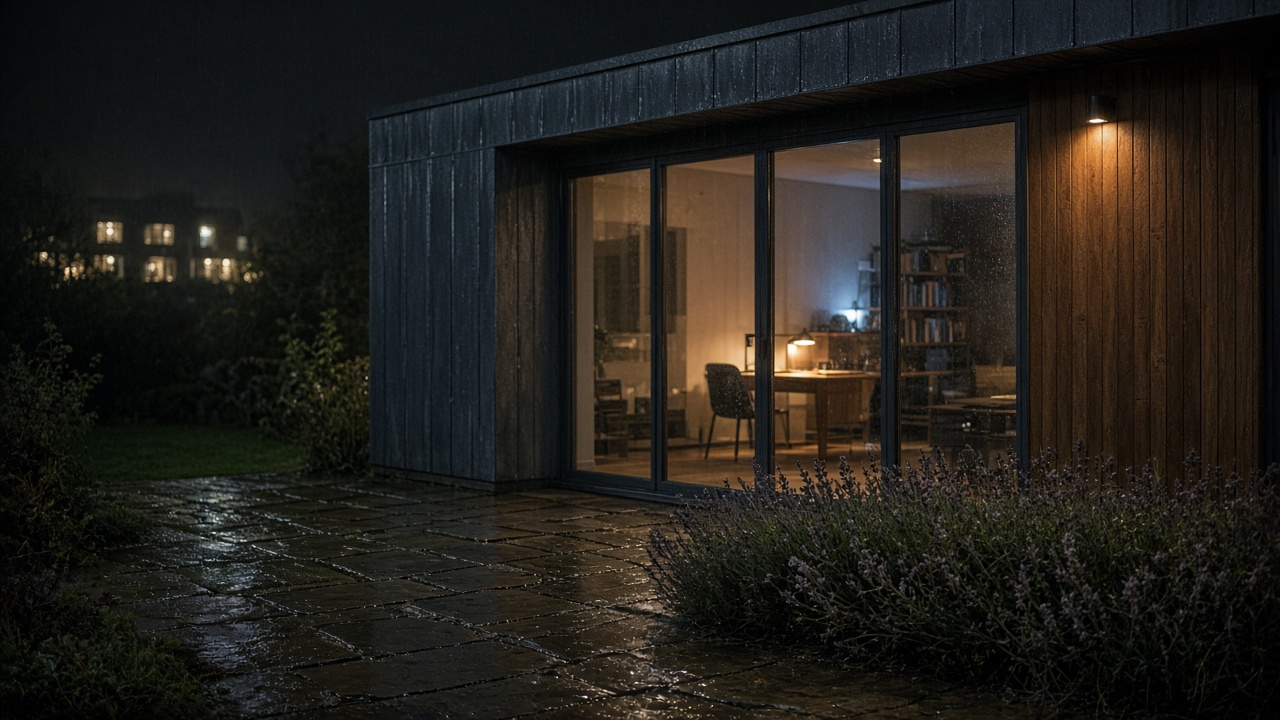 Garden office at night after rain with zinc cladding