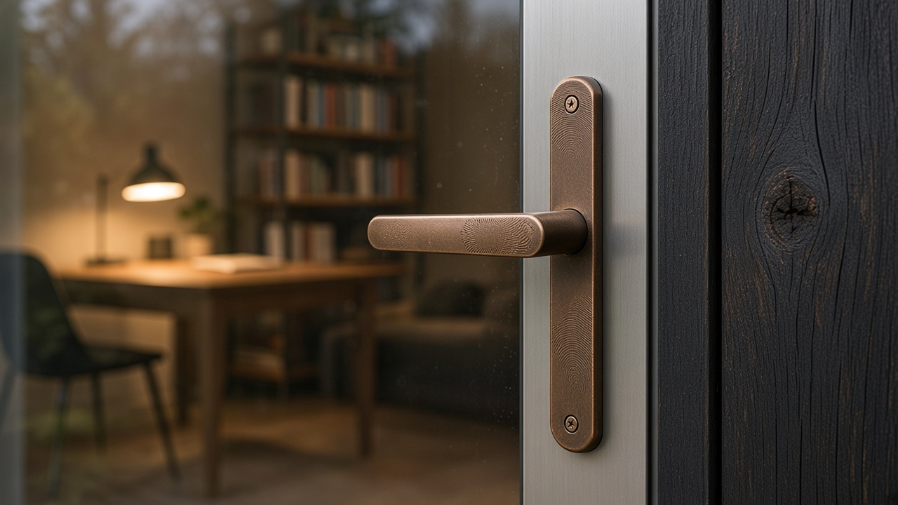 Close detail of bronze handle and weathered timber frame