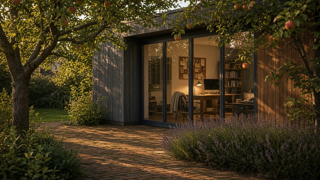 Compact corner garden office under apple trees with dappled light