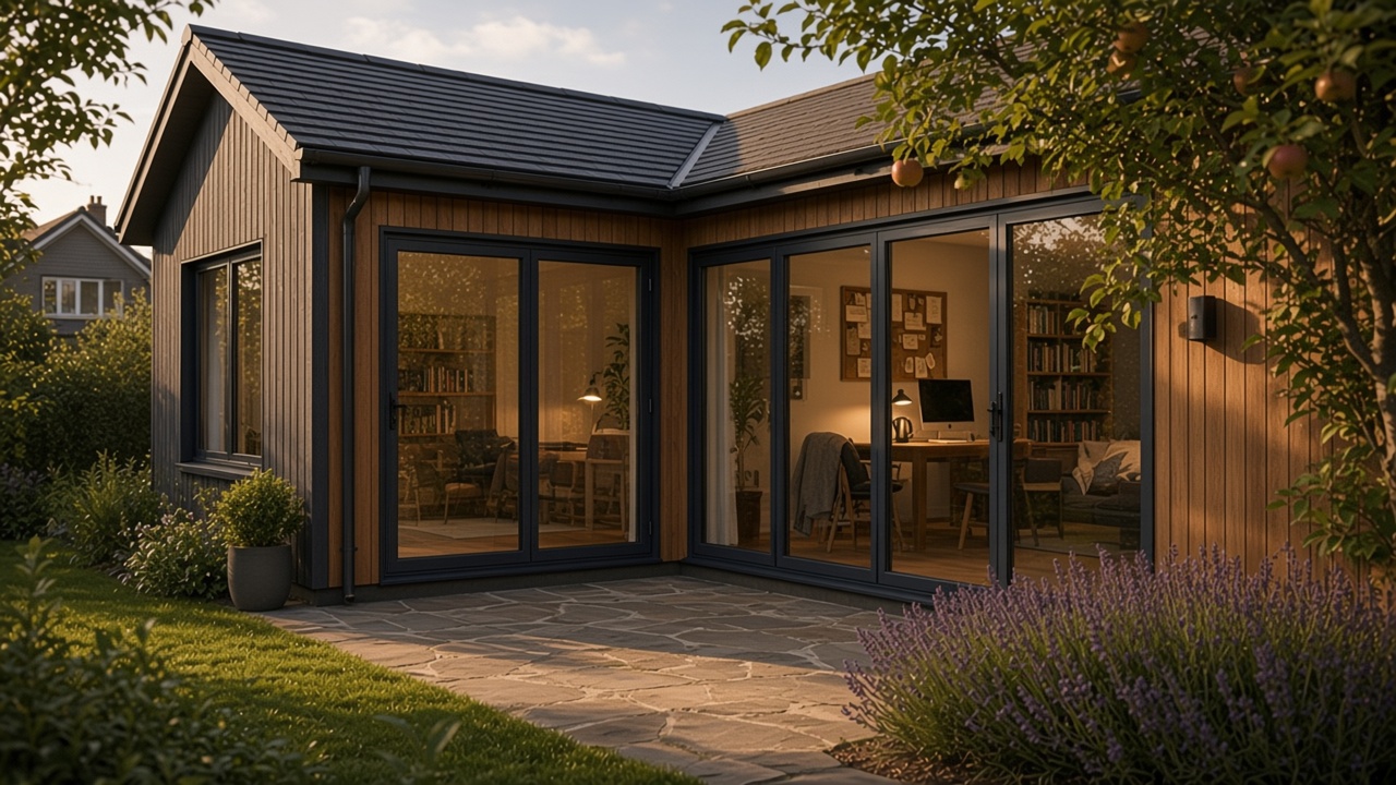 Large L-shaped mono-pitch cedar garden office on a clear afternoon