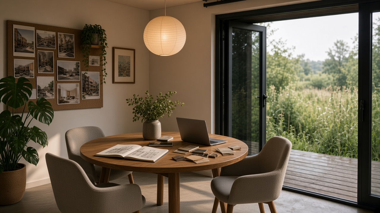 Garden office interior set for a client meeting with round oak table