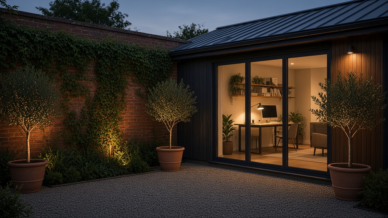 Slender L-shaped garden office along an ivy brick boundary wall