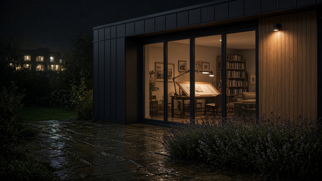 Night garden office with drafting table visible through glowing glass
