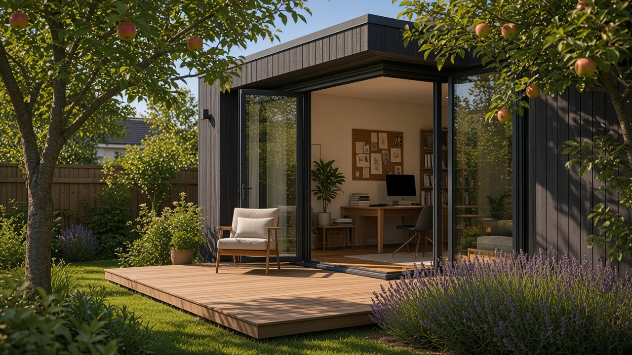 Medium charcoal mono-pitch garden office with open doors to a deck