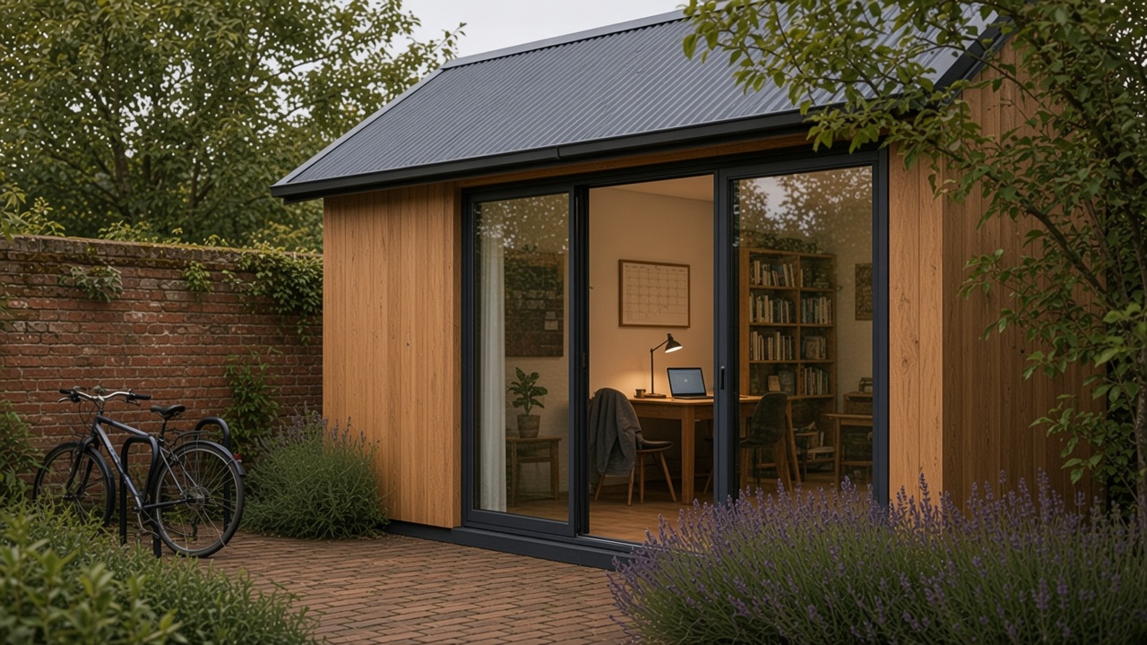Micro oak garden office pod with steep mono-pitch metal roof