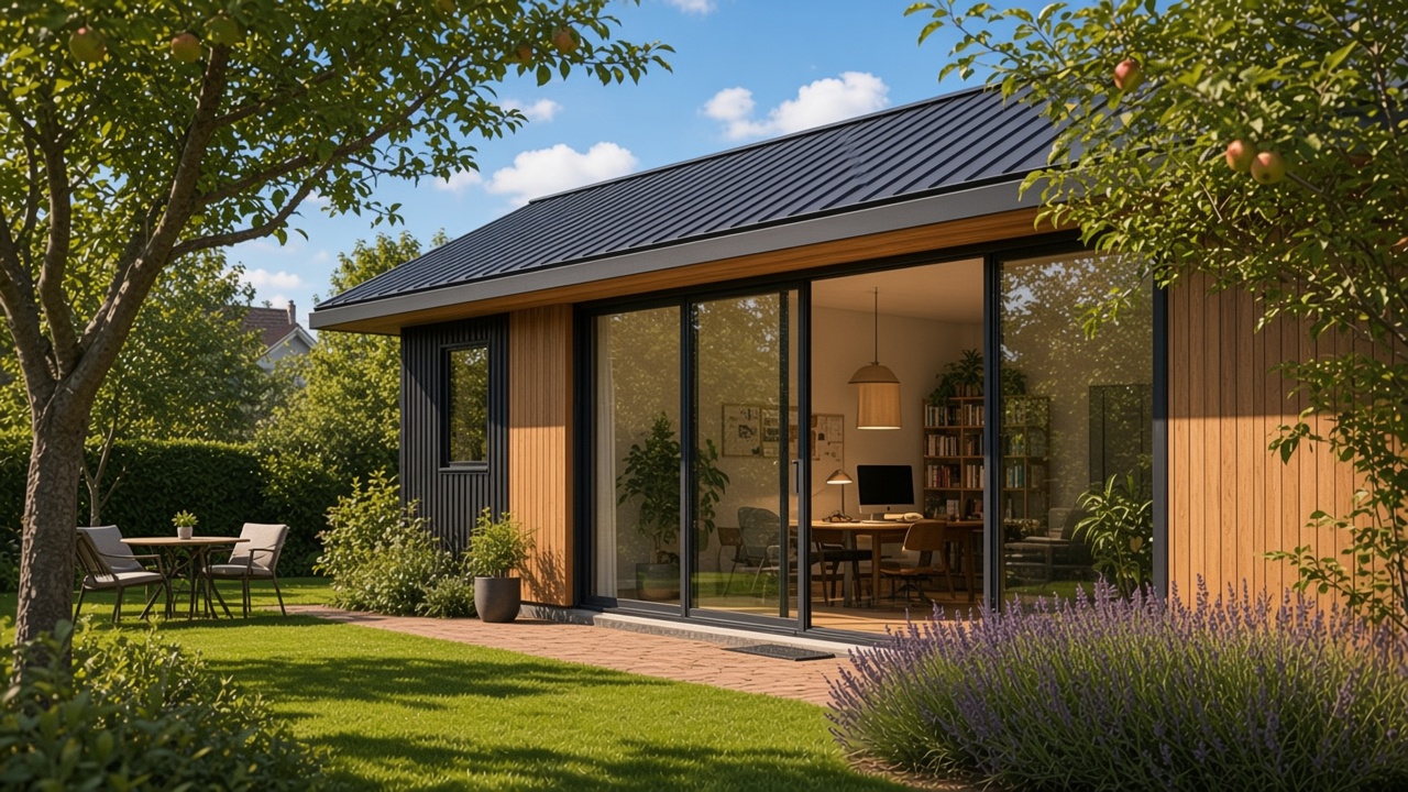 Wide mono-pitch garden office with black metal roof and high glass wall