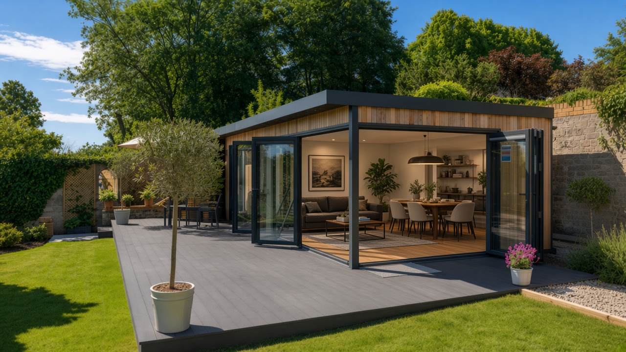 Cedar living pavilion with open corner bifolds showing lounge and dining