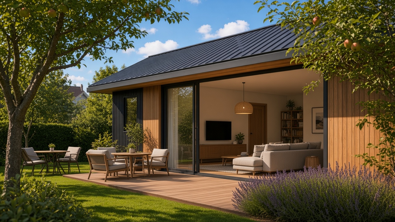 Linear limewashed brick garden pavilion along a boundary with clerestory windows