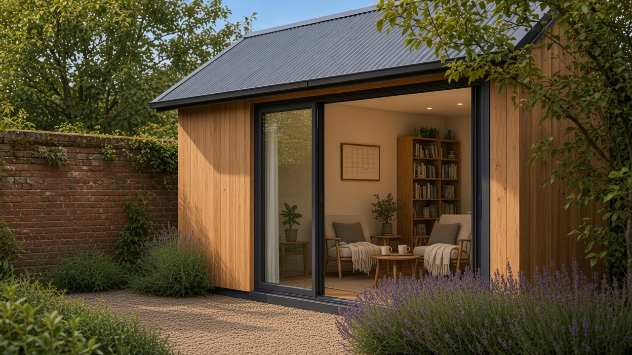 Small oak mono-pitch living pavilion pod with two lounge chairs