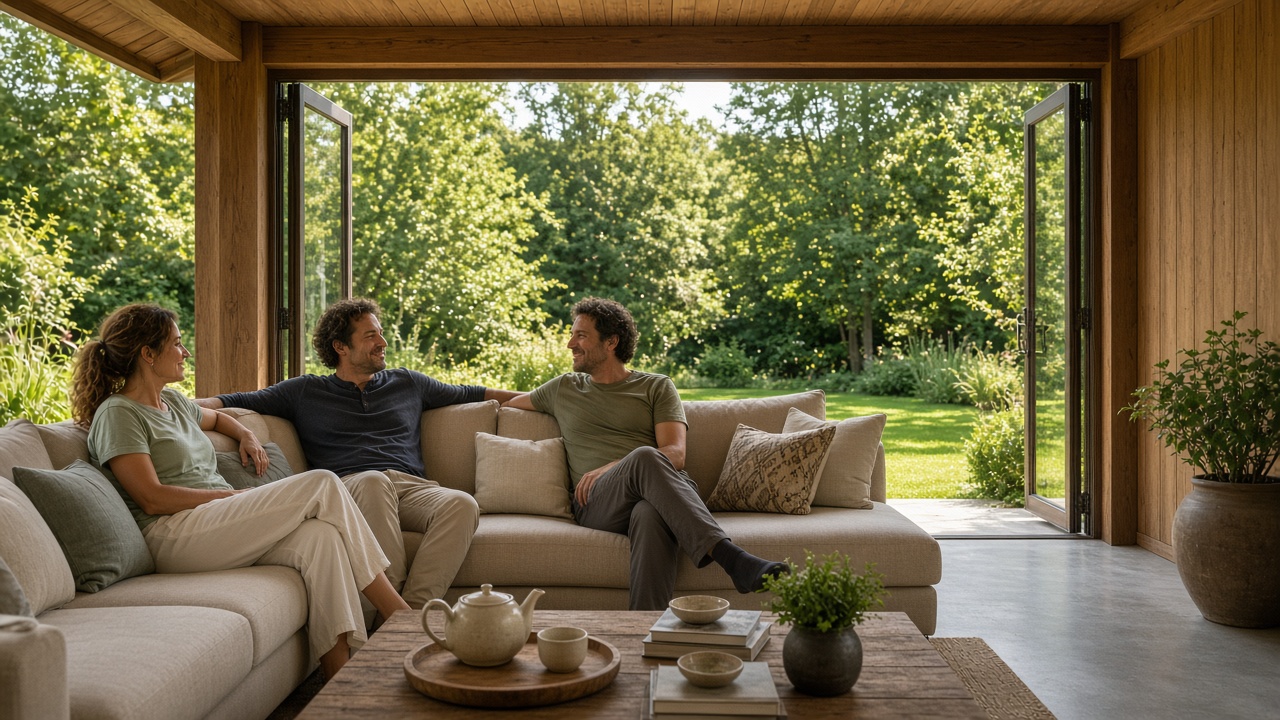 Friends relaxing on a sofa facing open bifolds onto the lawn