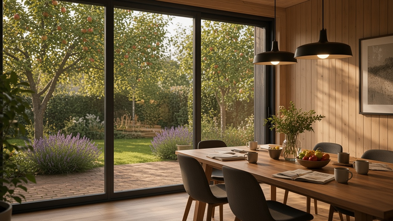 Breakfast set on a long table inside a bright garden pavilion