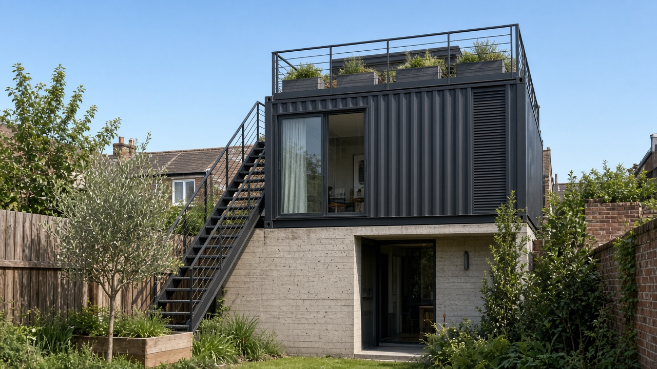 Two-storey steel and concrete garden annex with external stair and roof terrace