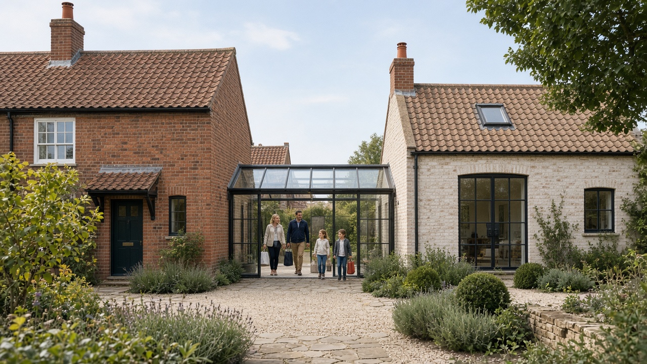 Glazed link connecting a brick house to a pantile-roofed garden wing with family walking through