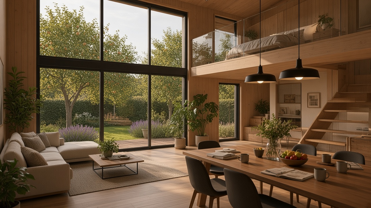 Double-height pavilion interior with oak stairs to sleeping loft