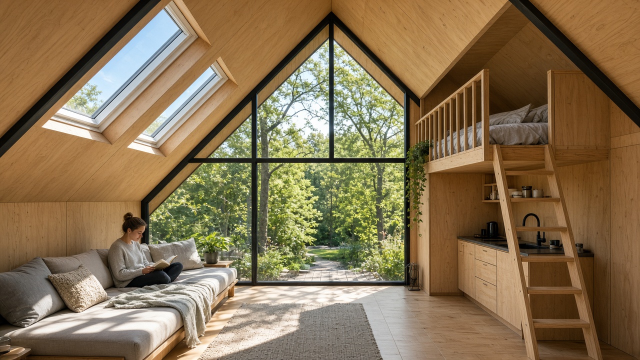 A-frame plywood loft guest annex with triangular glass and sleeping loft