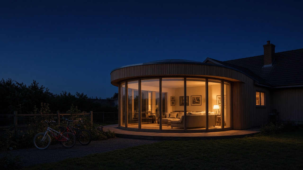 Curved glass living pavilion extension glowing at evening with bikes outside