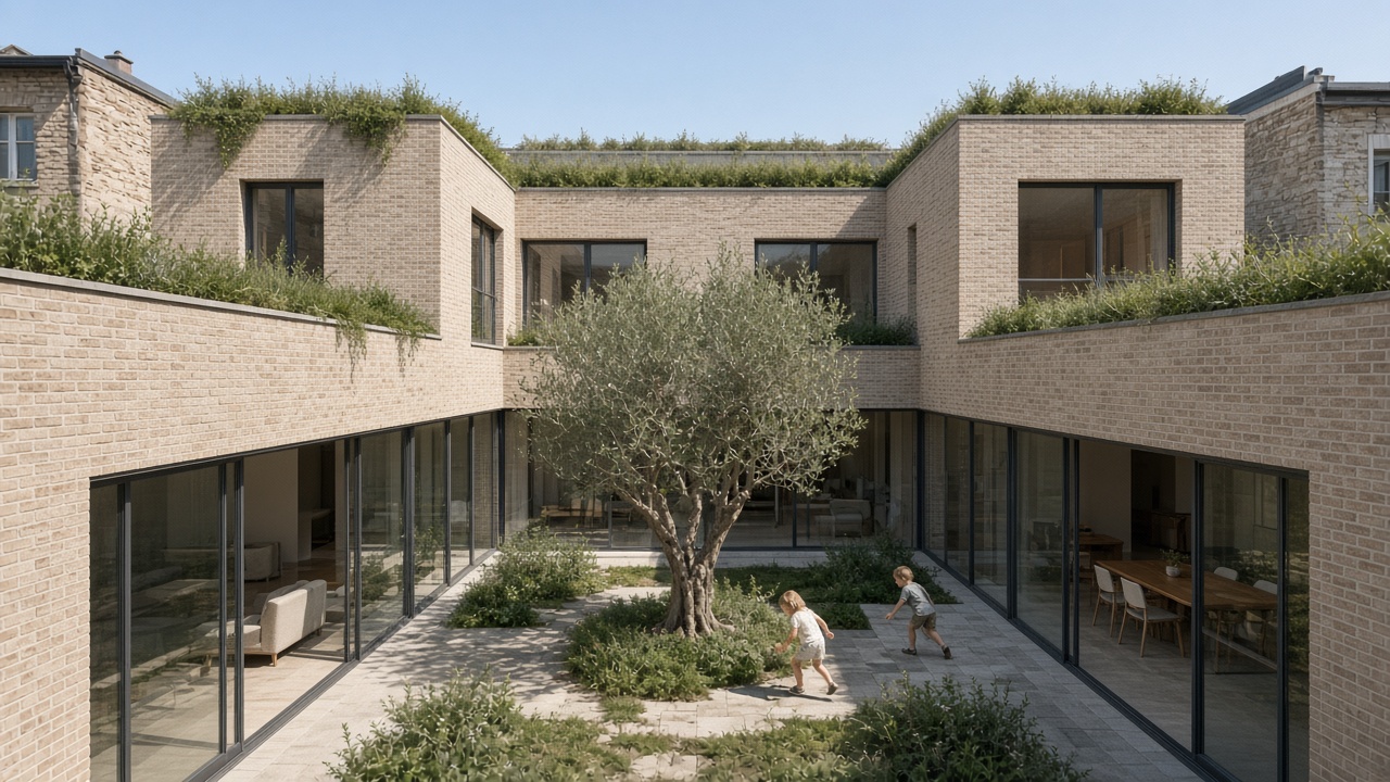 U-shaped pale brick courtyard extension with children playing around an olive tree