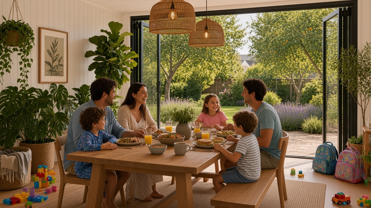 Family of five at breakfast in an open-plan house extension