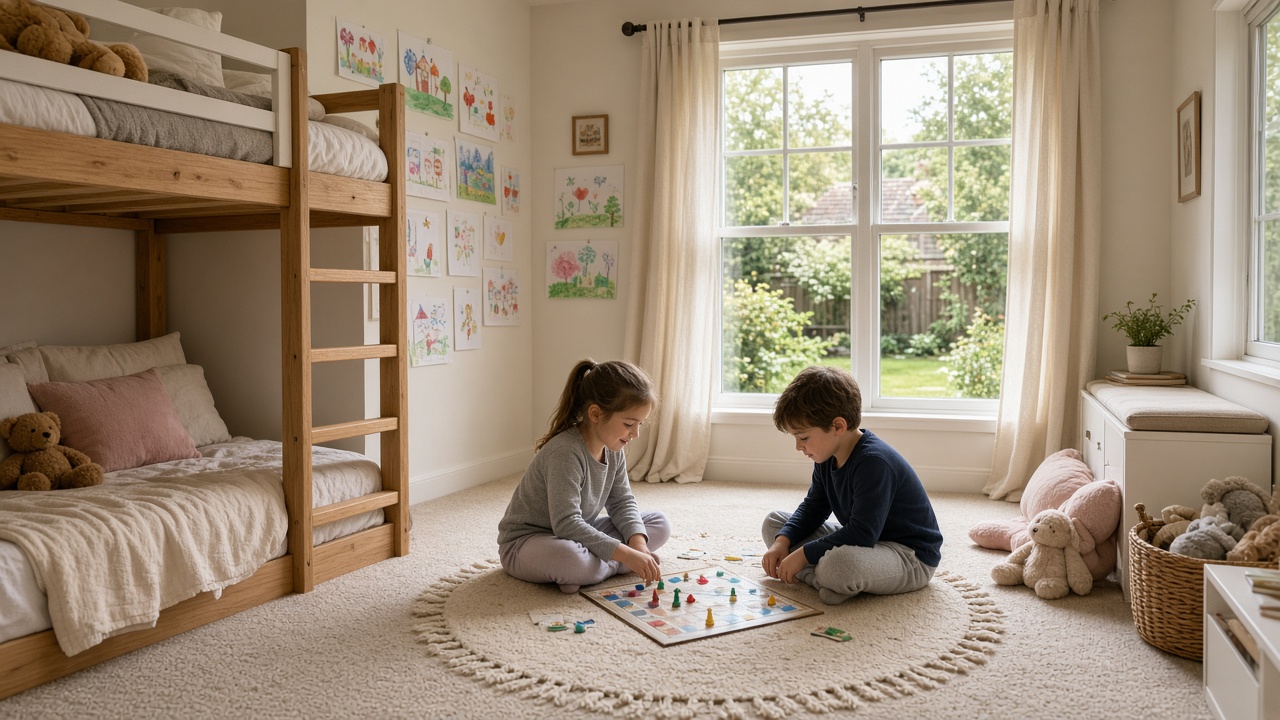 Siblings playing in a new upstairs kids bedroom in a house extension