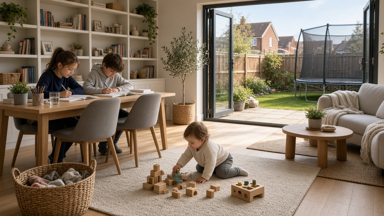 Children doing homework and playing in a garden-facing extension room