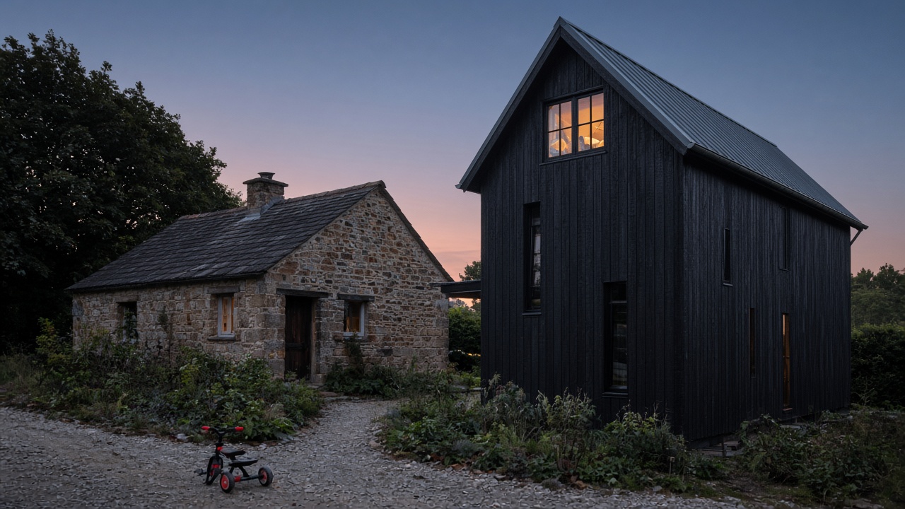 Black charred-timber gabled two-storey annex behind a stone cottage at dusk