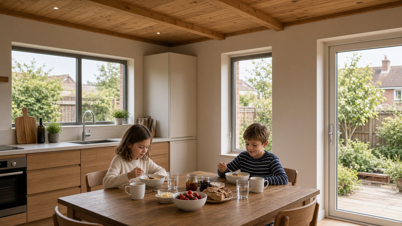 Family breakfast in a solid-wall kitchen extension