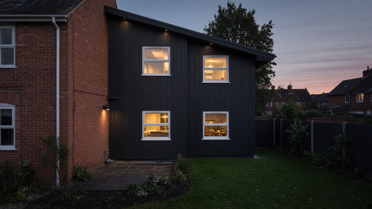 Two-storey modular rear extension with punched windows at evening