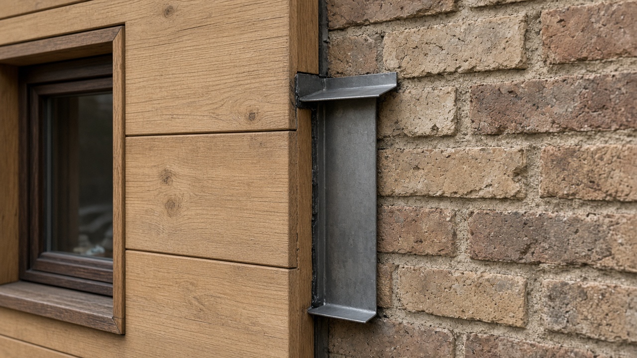 Detail of insulated timber panel junction meeting original brick