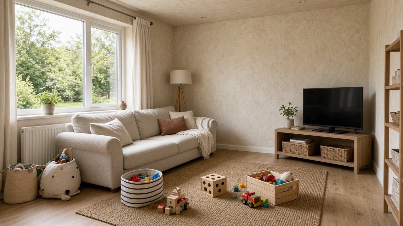 Family lounge in a practical insulated extension with one large window