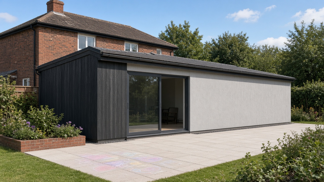 Wide modular rear extension with limited central sliding doors