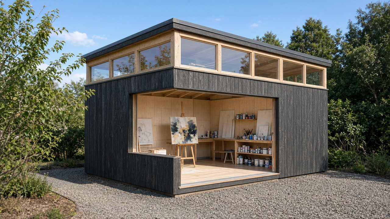 Charcoal timber artist studio with north clerestory and easel inside