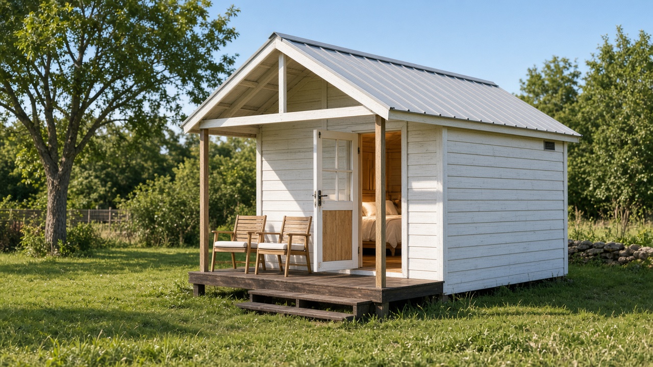 Small whitewashed guest cabin with zinc gable and dutch door to linen bed
