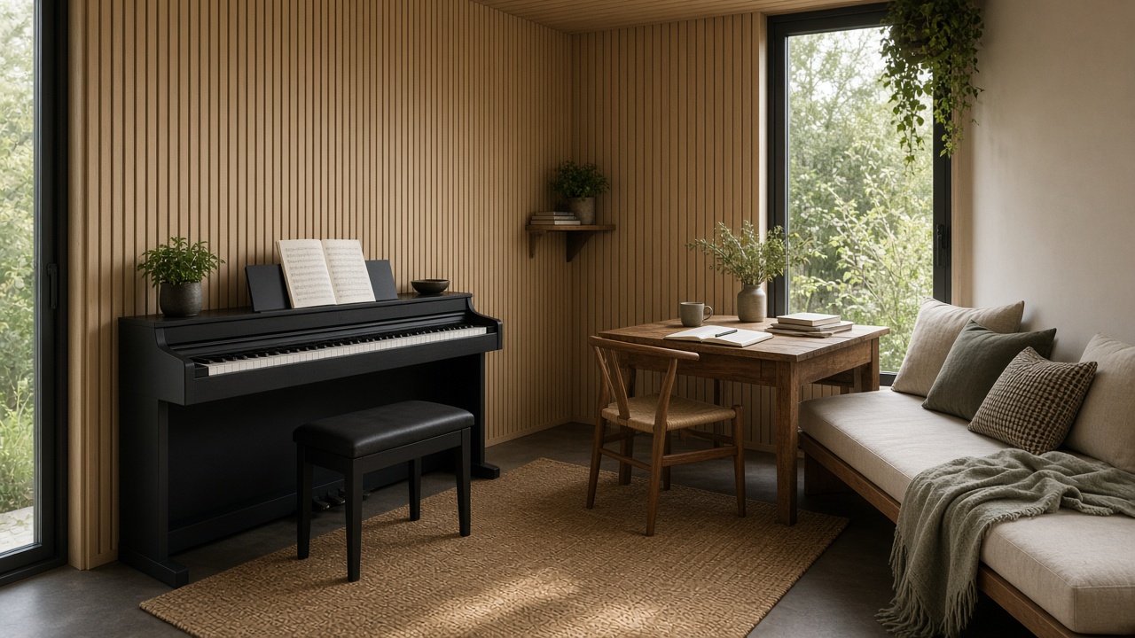 Garden music and writing studio with piano desk and daybed
