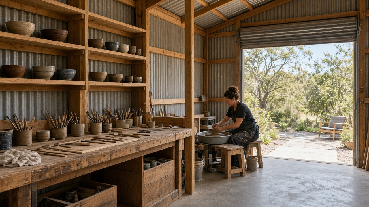 Pottery making studio with oak workbench clay tools and roller door