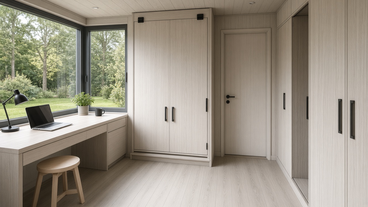 Convertible studio-guest pod with Murphy bed folded and desk by the window