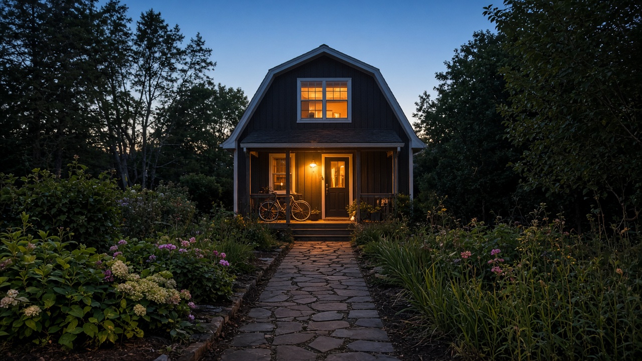 Tiny black barn-style guest house with loft window and porch light at evening