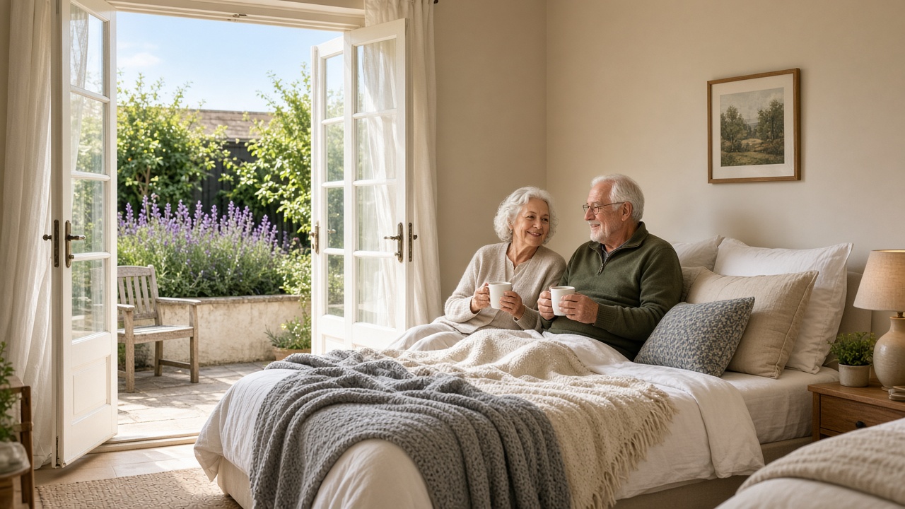 Guests with morning coffee on a daybed opening to a private lavender patio
