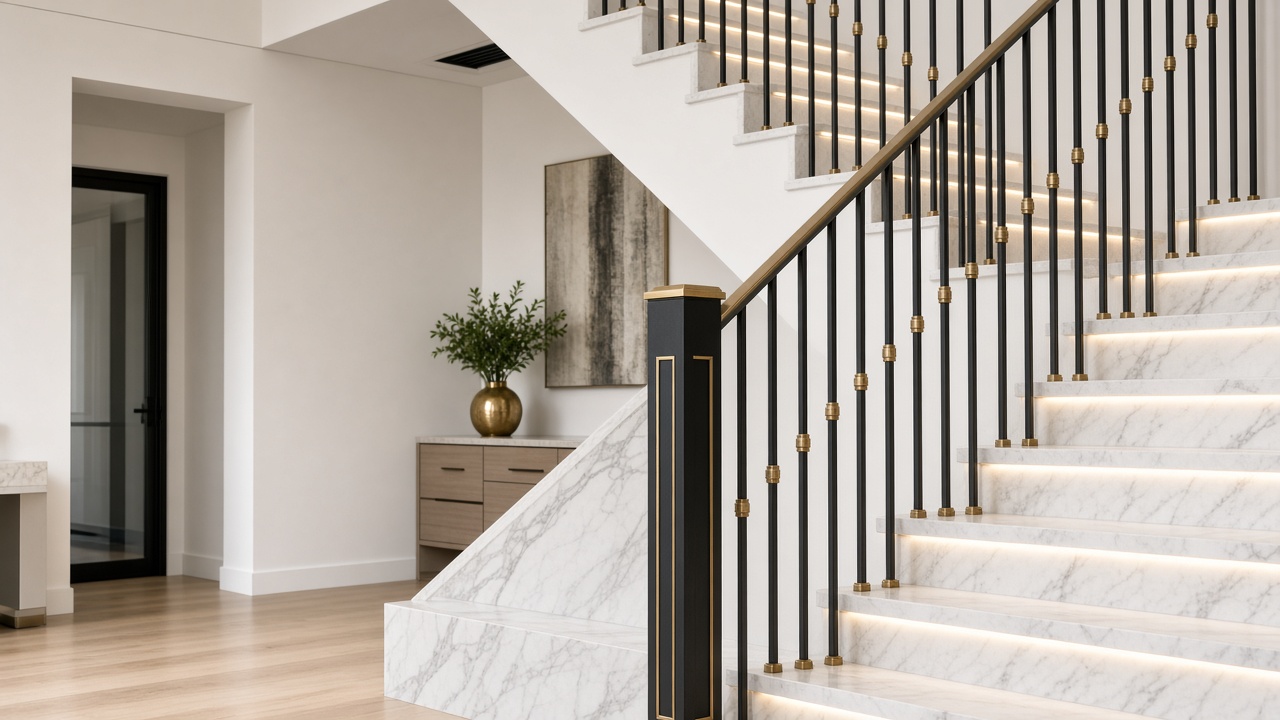 Light-luxury black and gold single-bar stair balustrade on marble with LED steps