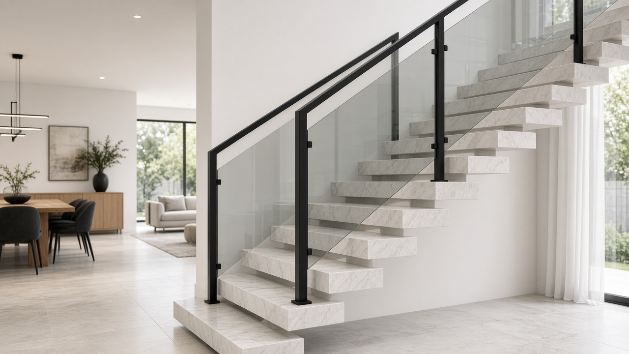 Matte black aluminium posts with smoked glass stair panels